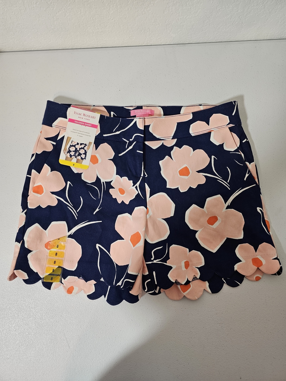 Isaac Mizrahi Navy with Pink Floral Scallop-Hem High Waist Shorts